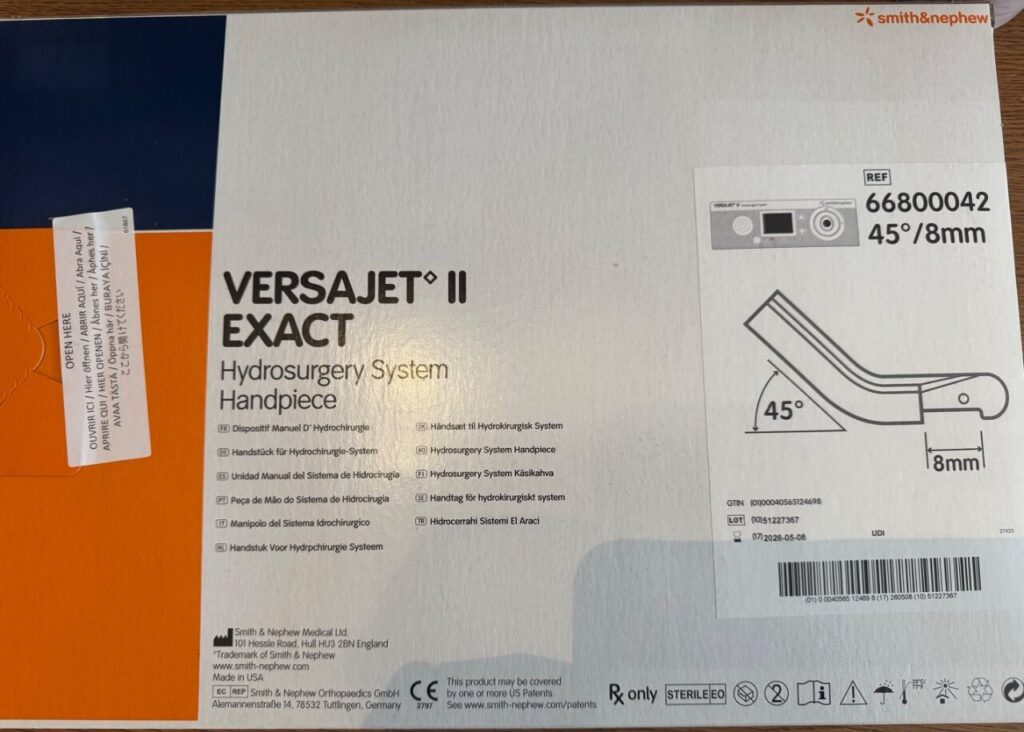 VERSAJET II Exact Hydrosurgery Handpiece (45°, 8mm). Single-use sterile handpiece for hydrosurgical debridement.